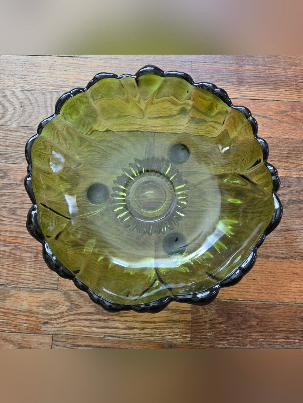 Vintage 1960s Olive Green 11" Serving Bowl Indiana Glass Company